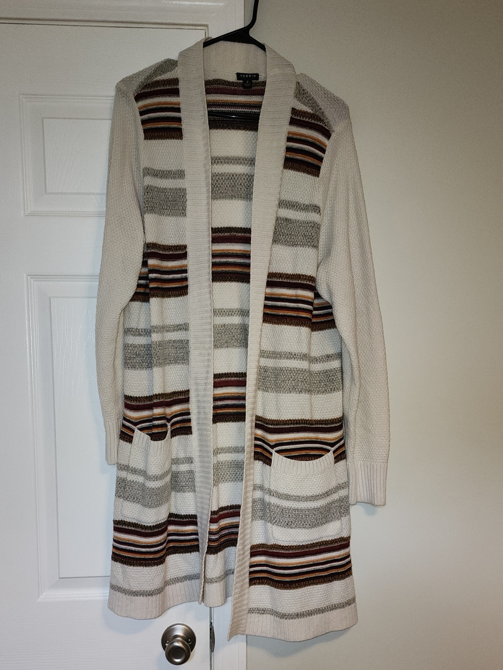 torrid Cream Cardigan with Brown and Gray Stripes